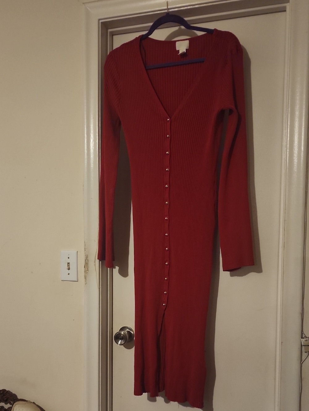 H&M Rust Button-Front Ribbed Long-Sleeve Dress - Picture 2 of 4